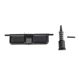 Black firearm parts including a receiver assembly and recoil spring, showcasing durable materials and precision engineering.
