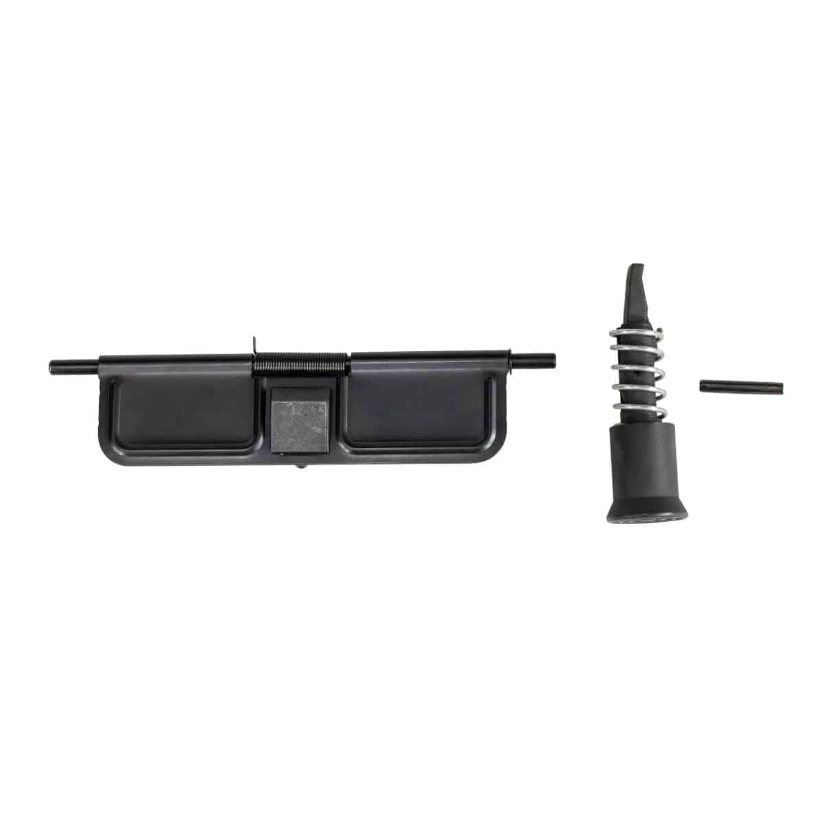 Black firearm parts including a receiver assembly and recoil spring, showcasing durable materials and precision engineering.