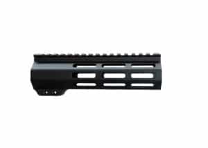 Durable black aluminum handguard with ventilation slots and Picatinny rail for mounting accessories, designed for reliability in firearms.