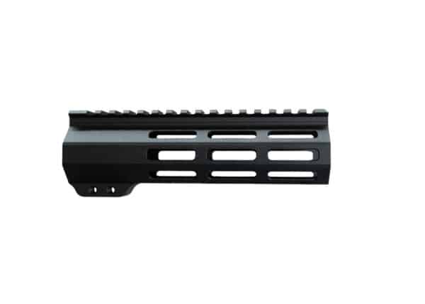 Durable black aluminum handguard with ventilation slots and Picatinny rail for mounting accessories, designed for reliability in firearms.