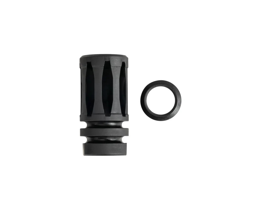 High-quality AR15 muzzle brake with forced reset design, featuring durable black material for enhanced performance.