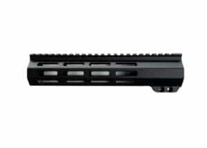 Durable black aluminum handguard with ventilation slots and Picatinny rail for mounting accessories, designed for reliability.