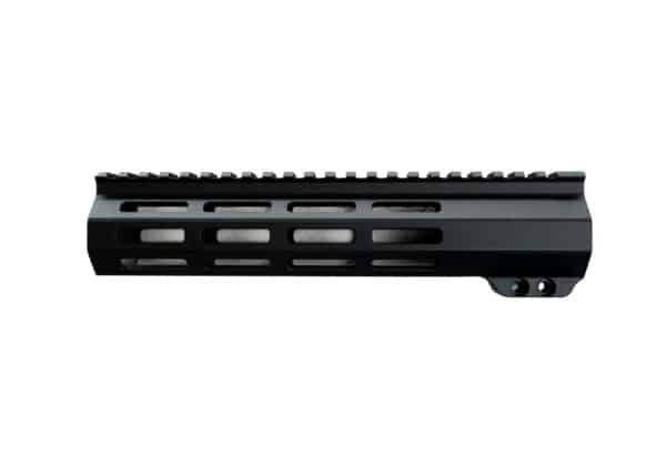 Durable black aluminum handguard with ventilation slots and Picatinny rail for mounting accessories, designed for reliability.