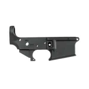 A black, American-made AR-15 stripped lower receiver featuring clearly marked Semi and Safe selector positions for reliable firearm performance.