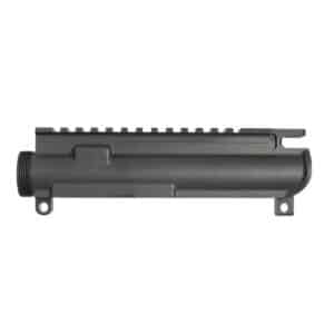 Close-up of a durable black aluminum upper receiver with a Picatinny rail for mounting accessories.