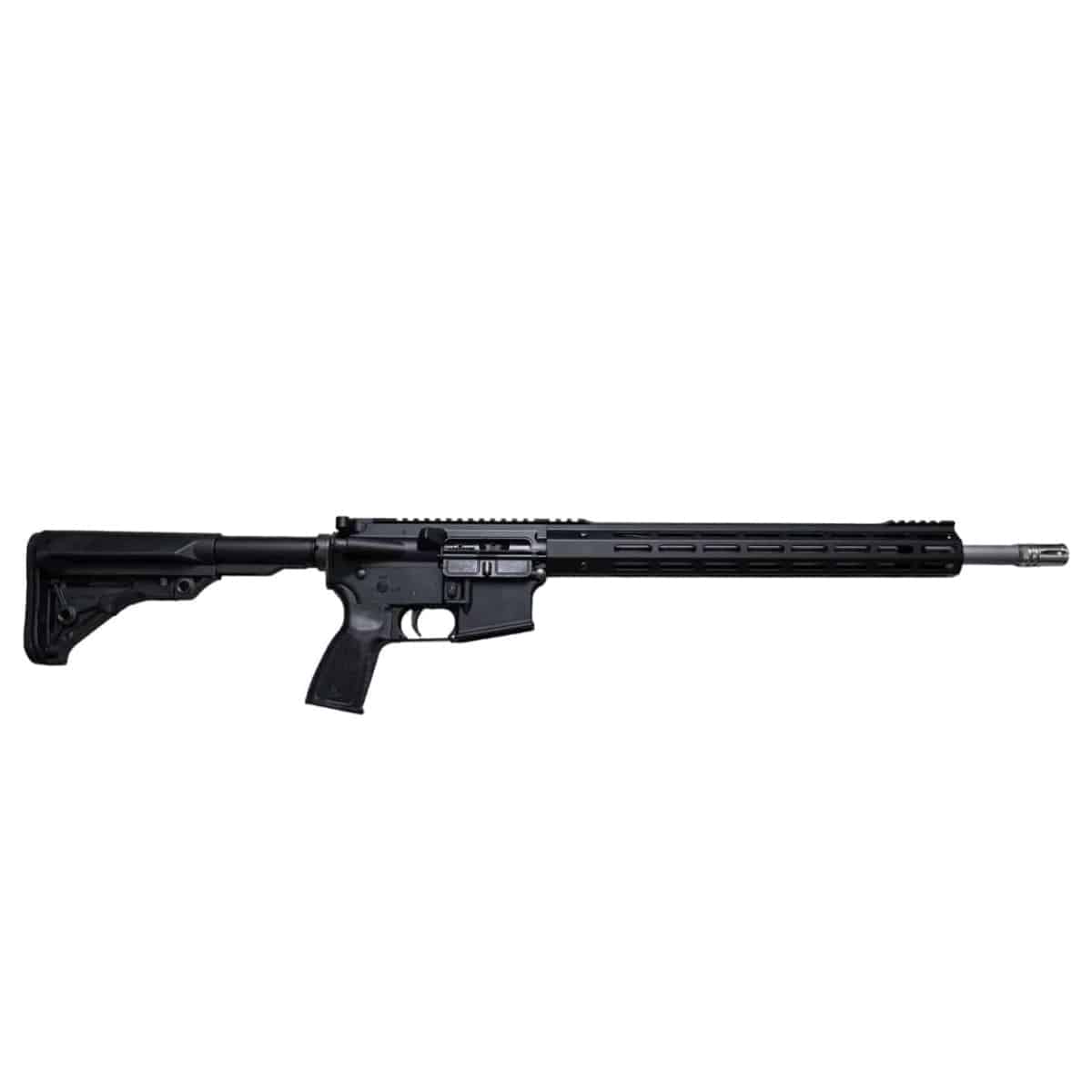 American-made black rifle featuring a sleek handguard, adjustable stock, and a silver barrel, designed for reliability and precision performance.