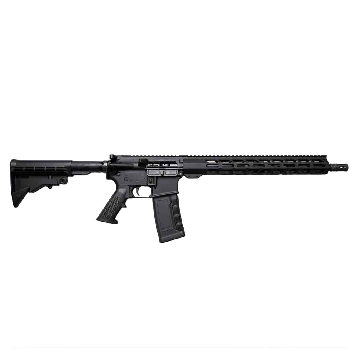 A reliable American-made black AR-15 rifle featuring a modular handguard, adjustable stock, and textured pistol grip against a clean white background.