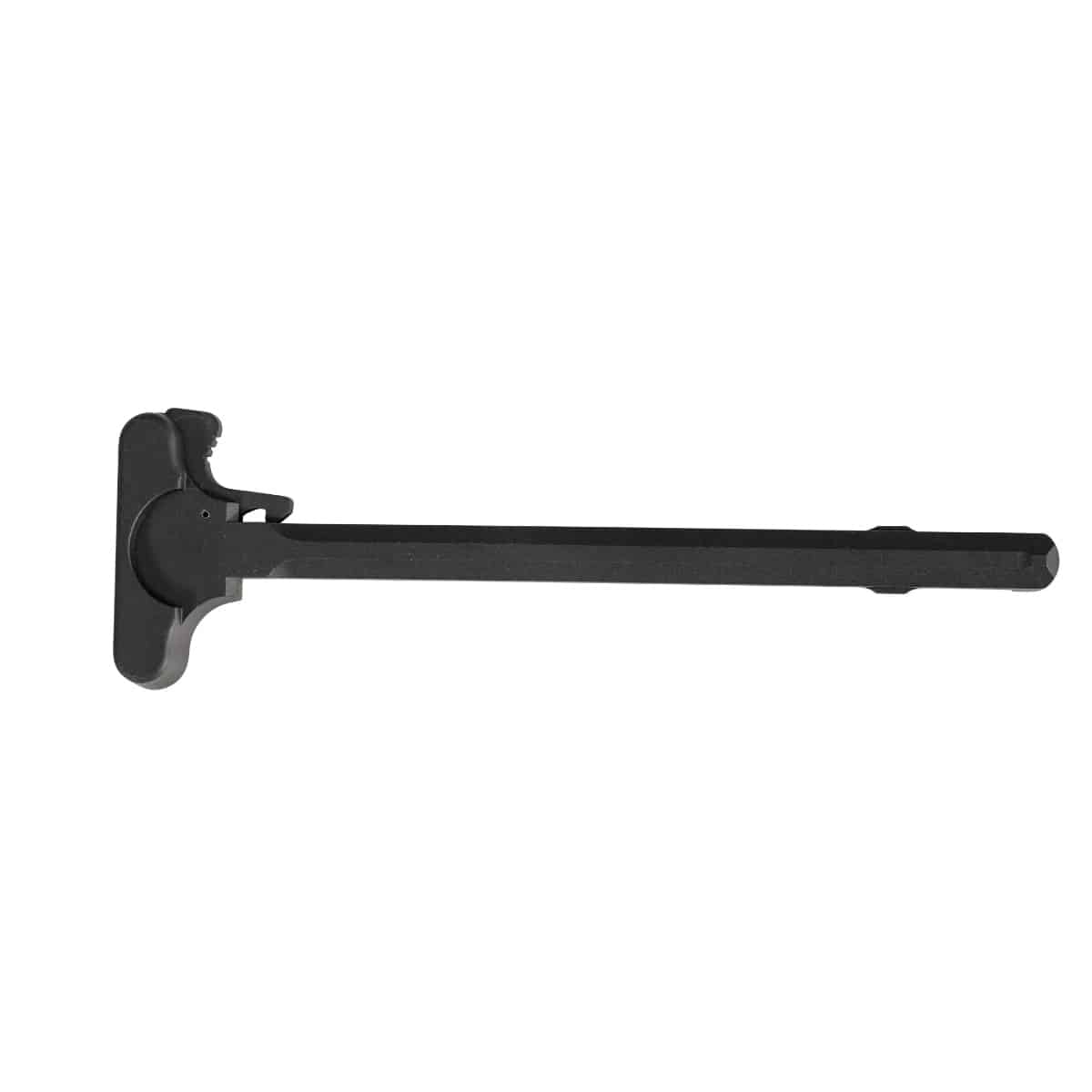 Black charging handle for rifles, designed for reliability and ease of use, showcasing a sleek and durable finish.