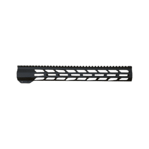 A black, American-made rifle handguard featuring a full-length Picatinny rail and M-LOK slots for reliable, high-quality firearm customization.