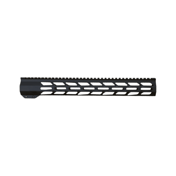 A black, American-made rifle handguard featuring a full-length Picatinny rail and M-LOK slots for reliable, high-quality firearm customization.