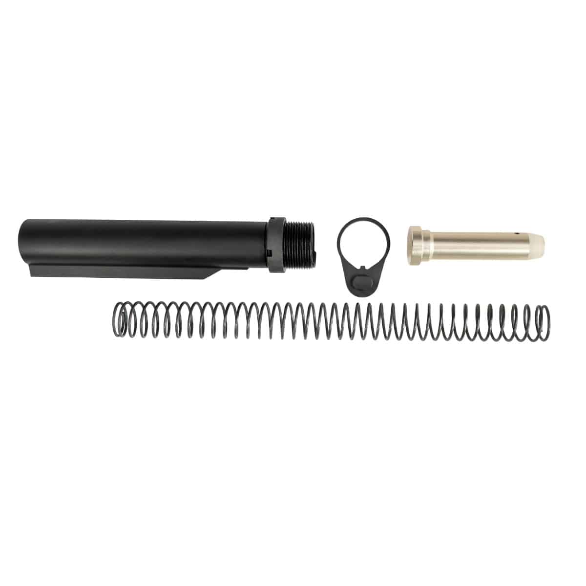 Black adjustable rifle stock assembly with buffer tube, spring, and related components for reliable firearm performance.