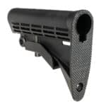 Close-up of a black rifle stock featuring textured grip and ventilation slots, showcasing durable craftsmanship.