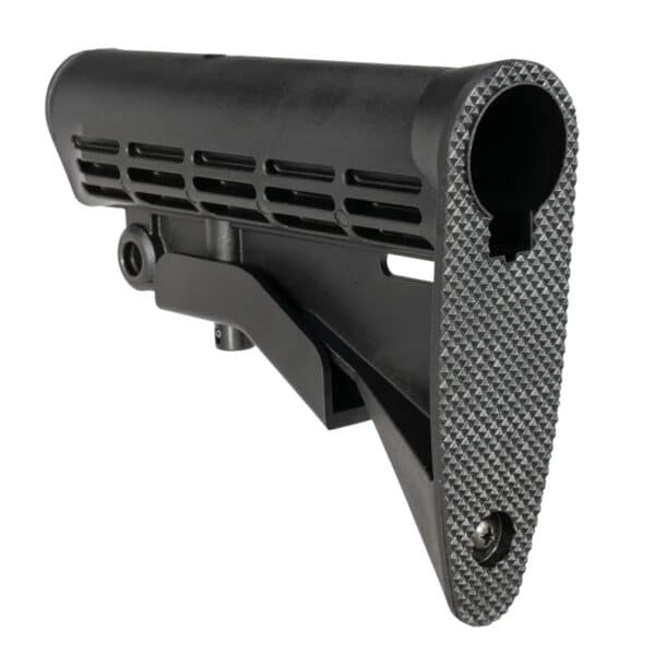 Close-up of a black rifle stock featuring textured grip and ventilation slots, showcasing durable craftsmanship.