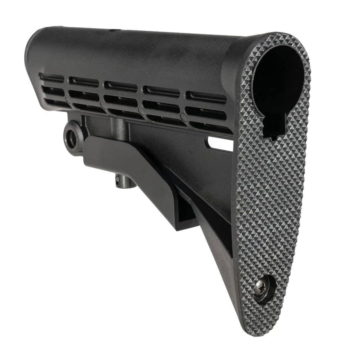 Close-up of a black rifle stock featuring textured grip and ventilation slots, showcasing durable craftsmanship.