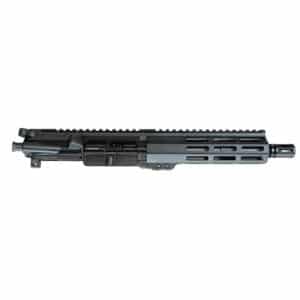 Close-up of a sleek, black rifle upper receiver featuring a rail system and precision craftsmanship.