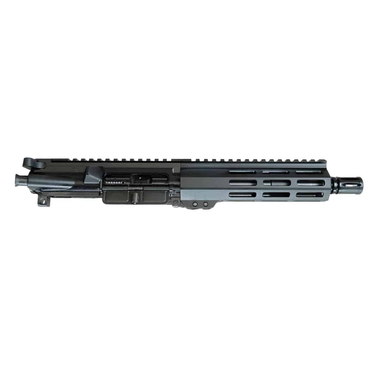 Close-up of a sleek, black rifle upper receiver featuring a rail system and precision craftsmanship.