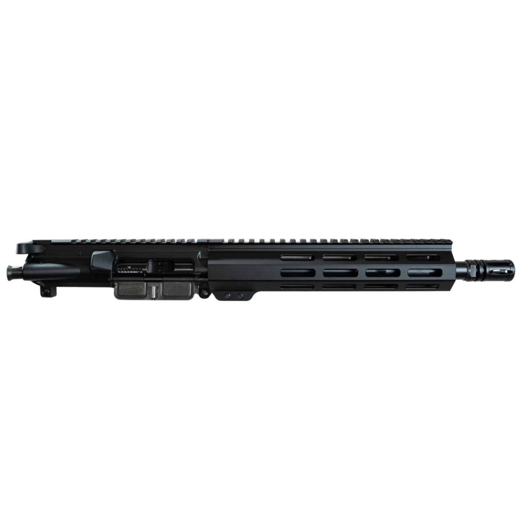Black rifle upper receiver with a sleek design, featuring a rail system and precision craftsmanship.