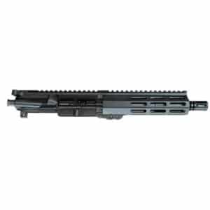 Close-up of a sleek black rifle upper receiver featuring a rail system and precision craftsmanship.