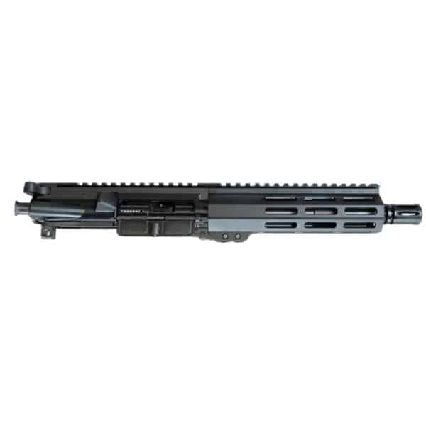 Close-up of a sleek black rifle upper receiver featuring a rail system and precision craftsmanship.