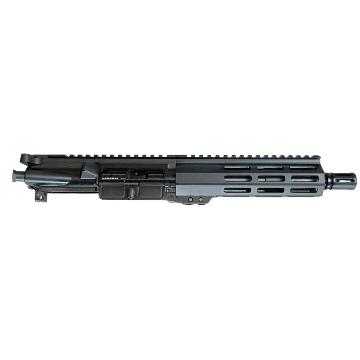 Close-up of a sleek black rifle upper receiver featuring a rail system and precision craftsmanship.