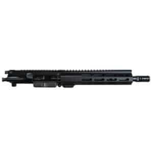 Black rifle upper receiver with a sleek design, featuring a rail system and precision craftsmanship.