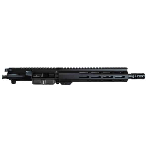 Black rifle upper receiver with a sleek design, featuring a rail system and precision craftsmanship.