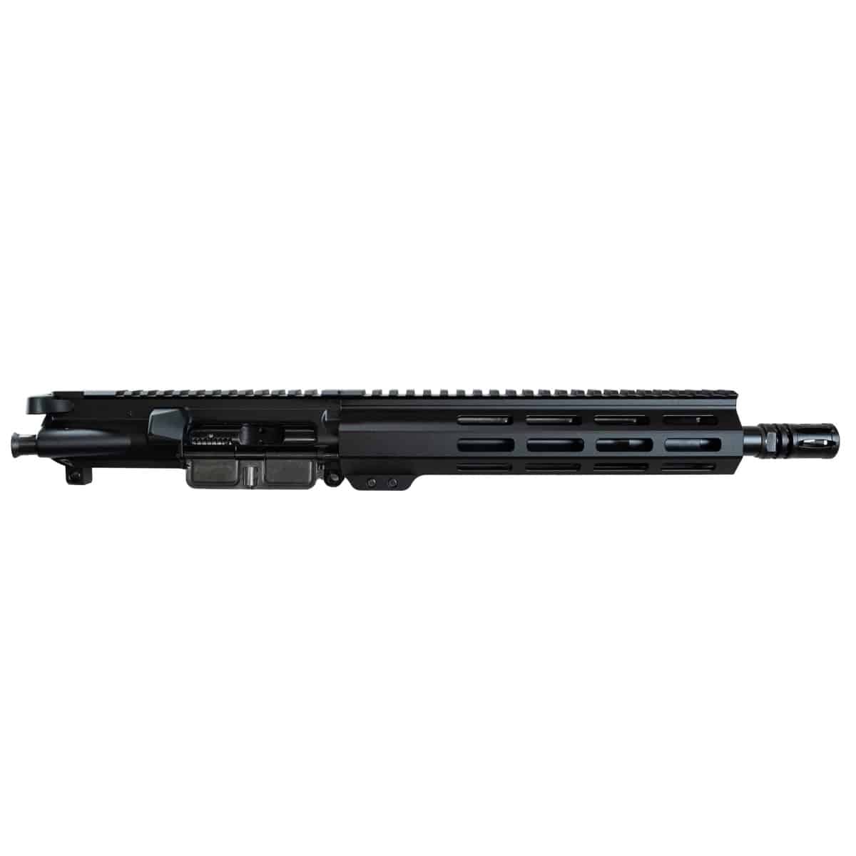 Black rifle upper receiver with a sleek design, featuring a rail system and precision craftsmanship.