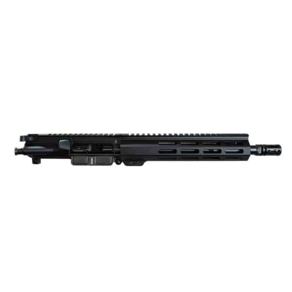 Side view of a sleek black rifle upper receiver with a rail system and muzzle device, showcasing American craftsmanship.