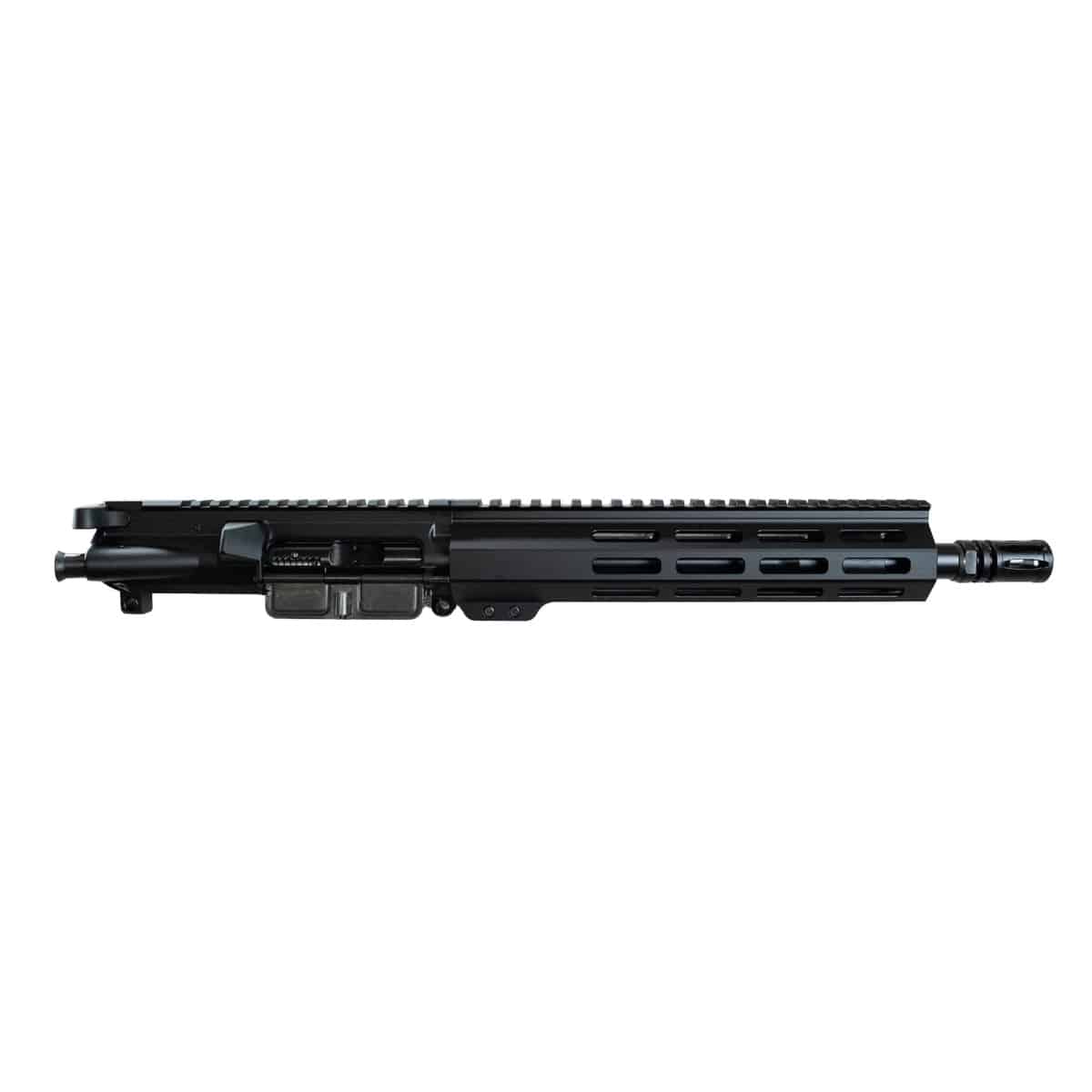 Side view of a sleek black rifle upper receiver with a rail system and muzzle device, showcasing American craftsmanship.