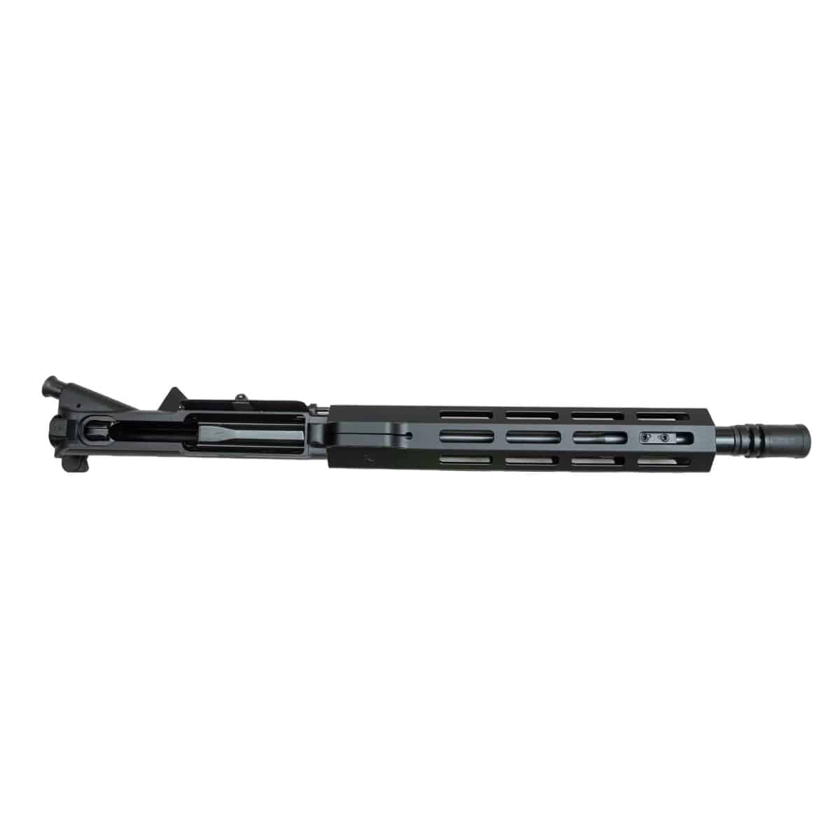 Black rifle upper receiver with a sleek design and ventilation slots for heat dissipation.