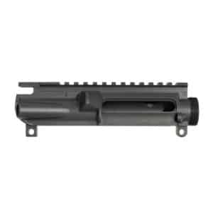 Close-up of a durable black upper receiver for AR-style rifles, showcasing precision machining and a Picatinny rail.