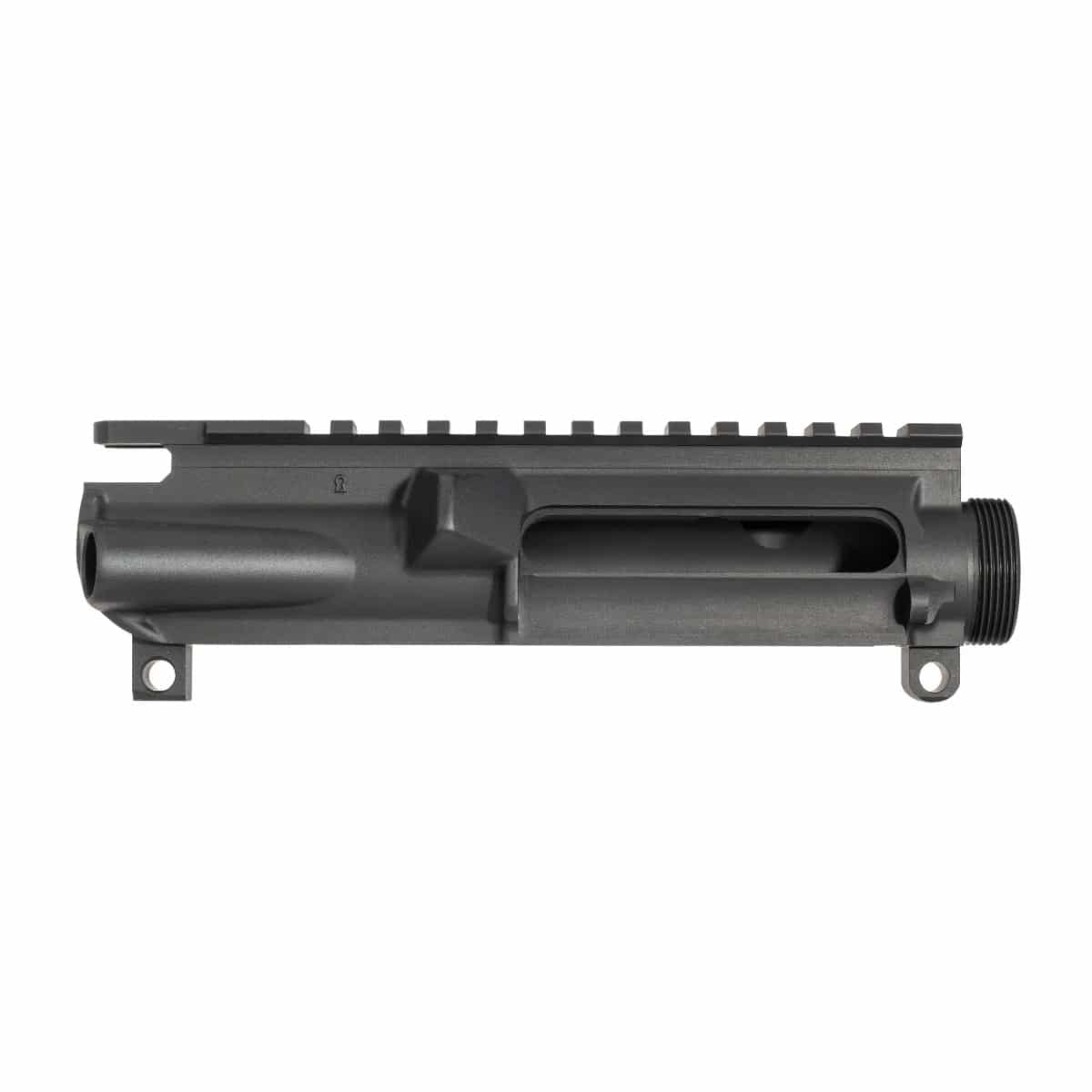 Close-up of a durable black upper receiver for AR-style rifles, showcasing precision machining and a Picatinny rail.