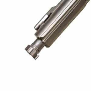 Close-up of a high-quality firearm barrel with precision machining and a sleek metallic finish, showcasing craftsmanship.
