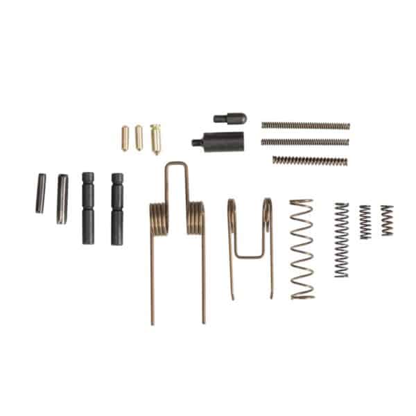 Collection of firearm components including springs, pins, and small parts, showcasing quality craftsmanship and reliability.