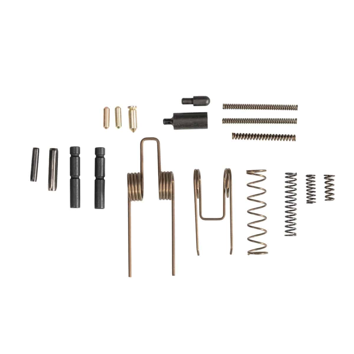 Collection of firearm components including springs, pins, and small parts, showcasing quality craftsmanship and reliability.