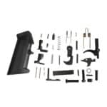 Collection of firearm parts including a black pistol grip, springs, and various metal components for assembly.