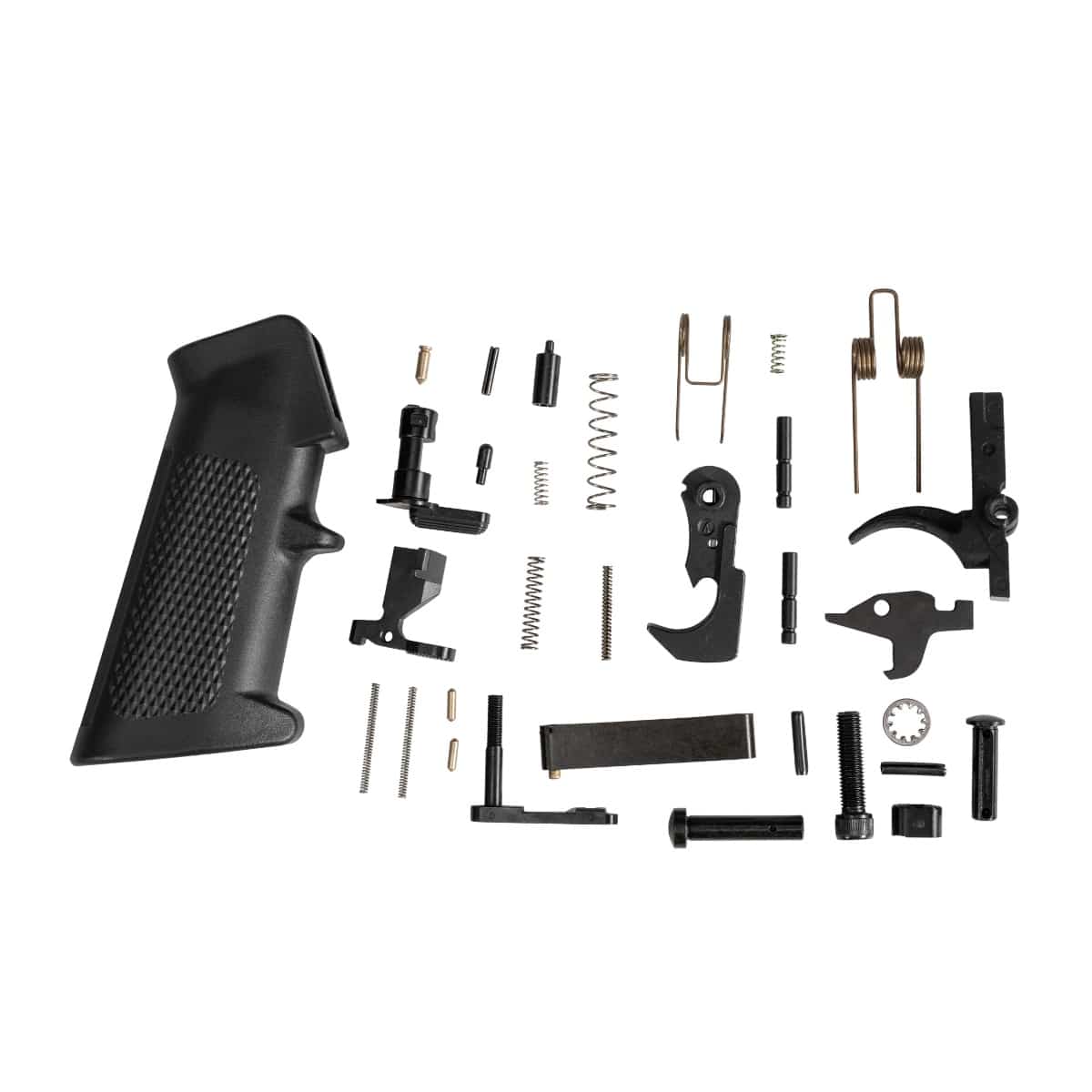 Collection of firearm parts including a black pistol grip, springs, and various metal components for assembly.