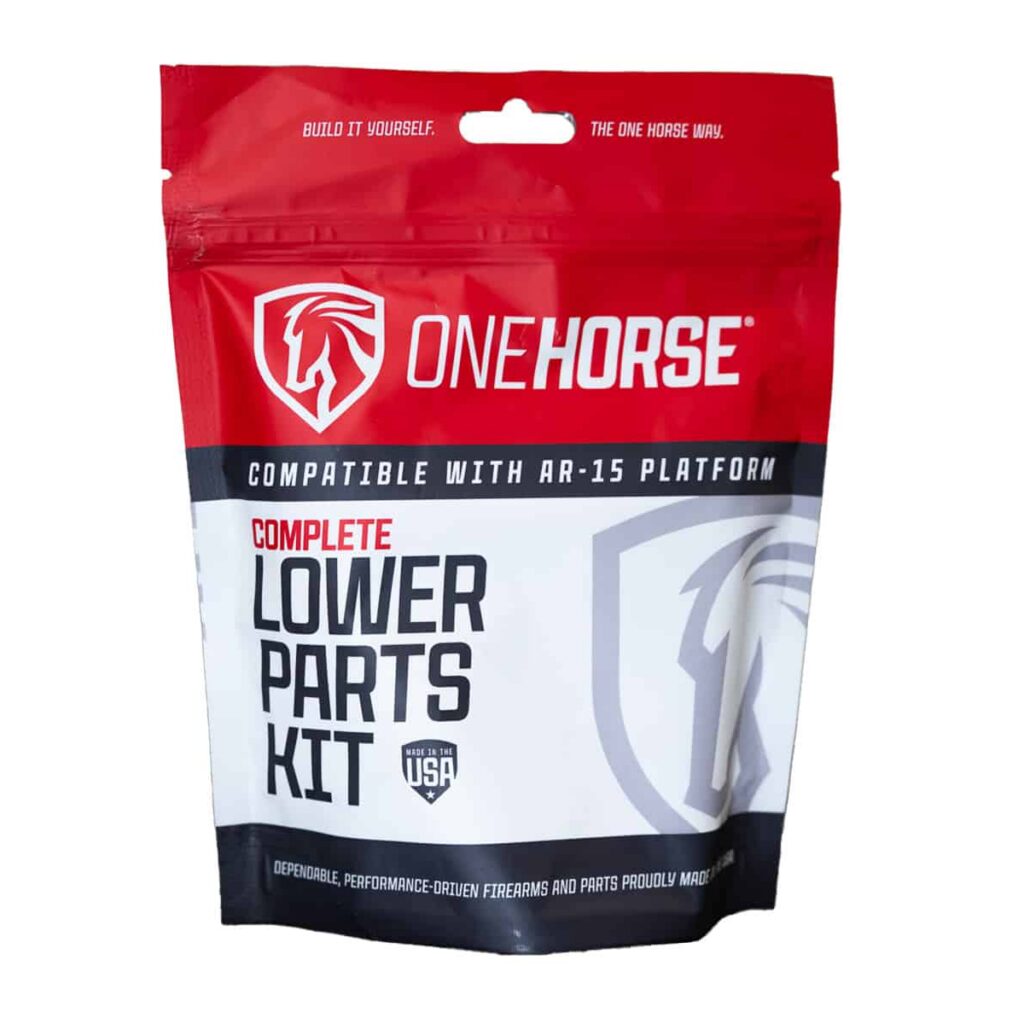 One Horse complete lower parts kit for AR-15 rifles in a red, white, and black branded pouch, proudly made in the USA for reliable performance.