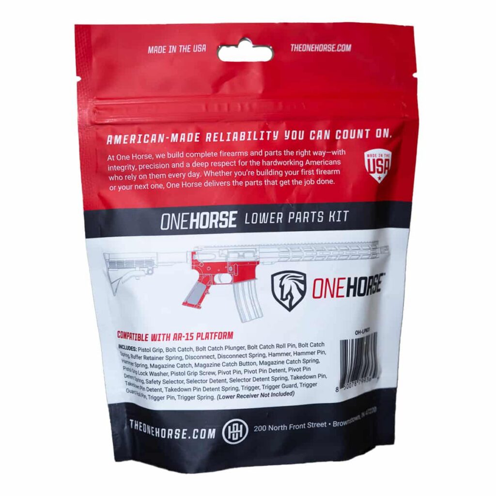 One Horse American-made AR-15 lower parts kit in a red and white branded pouch, featuring a list of included components and reliable construction.