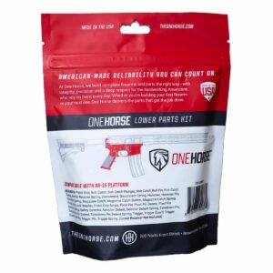 One Horse American-made AR-15 lower parts kit in a red and white branded pouch, featuring a list of included components and reliable construction.