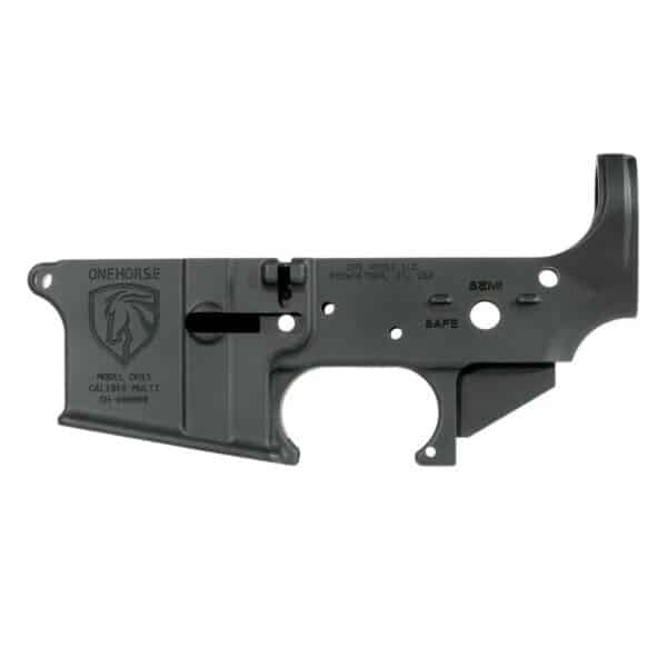 A matte black One Horse LLC Model OH15 stripped lower receiver, featuring precision-machined aluminum construction and American-made craftsmanship.