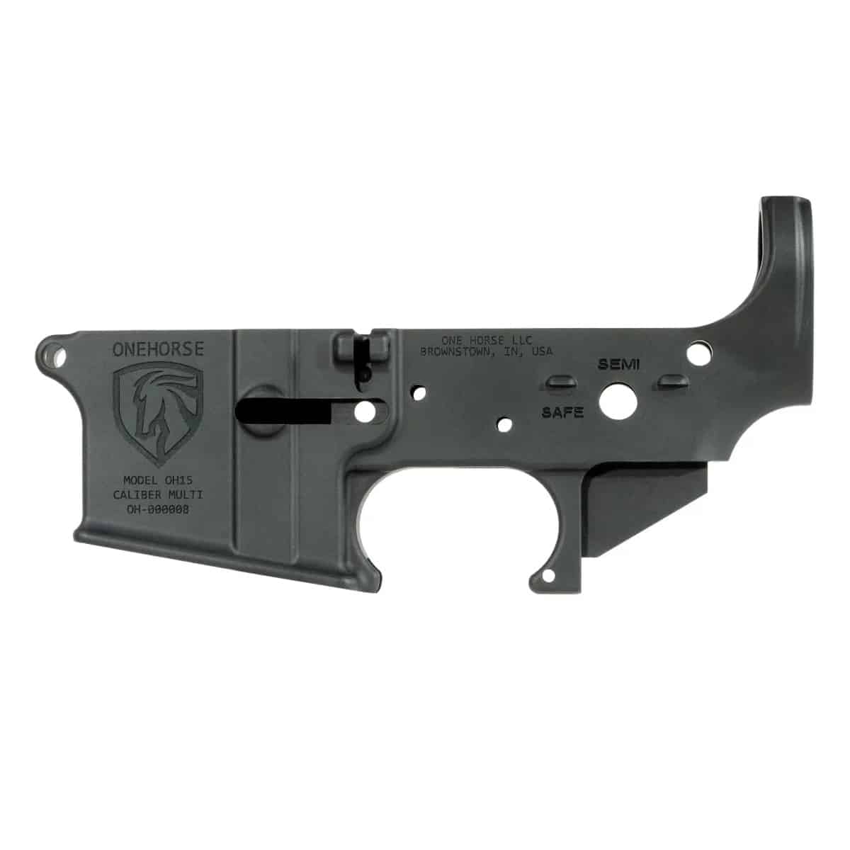 A matte black One Horse LLC Model OH15 stripped lower receiver, featuring precision-machined aluminum construction and American-made craftsmanship.