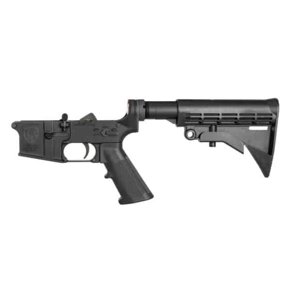 One Horse Model OH15 stripped lower receiver in black, featuring a durable American-made design with an adjustable stock and textured pistol grip.