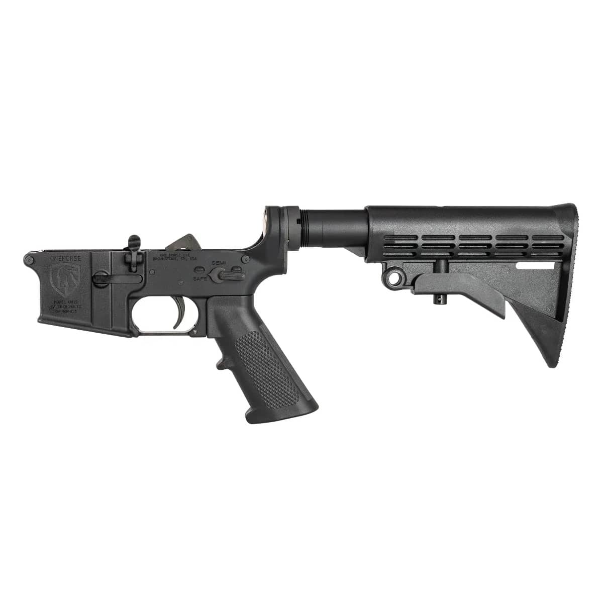 One Horse Model OH15 stripped lower receiver in black, featuring a durable American-made design with an adjustable stock and textured pistol grip.