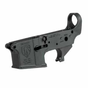 A black matte One Horse OH15 stripped lower receiver for an AR-15 rifle, featuring precision-machined aluminum construction and clear markings.