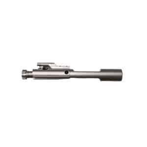 Close-up of a stainless steel bolt carrier group, showcasing precision craftsmanship and reliable design for firearms.