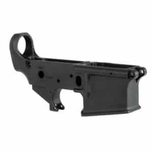 A matte black, American-made stripped AR-15 lower receiver featuring precision-machined aluminum construction with clearly marked safe and semi settings.