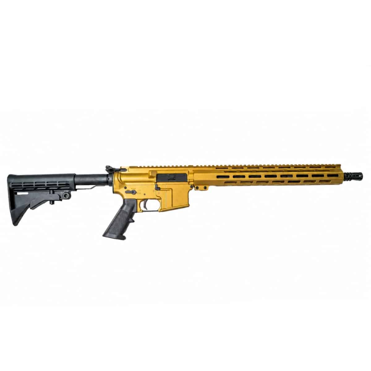 An American-made AR-15 rifle featuring a striking gold-anodized receiver and handguard, paired with a reliable black adjustable stock and pistol grip.