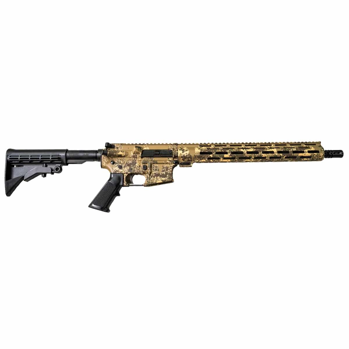 One Horse OH15 rifle receiver with a topographic map finish, black pistol grip, and adjustable stock, showcasing American-made craftsmanship.