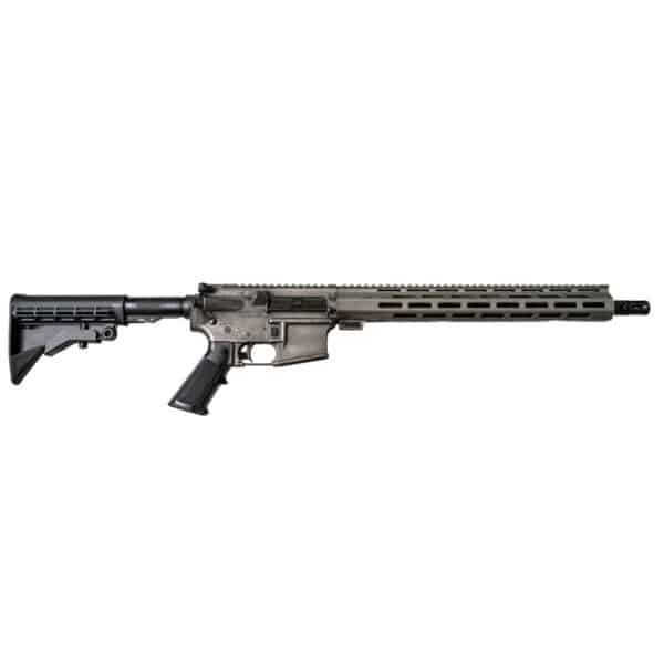 American-made rifle with a weathered grey finish, featuring a modular handguard, adjustable stock, and reliable construction for enthusiasts.